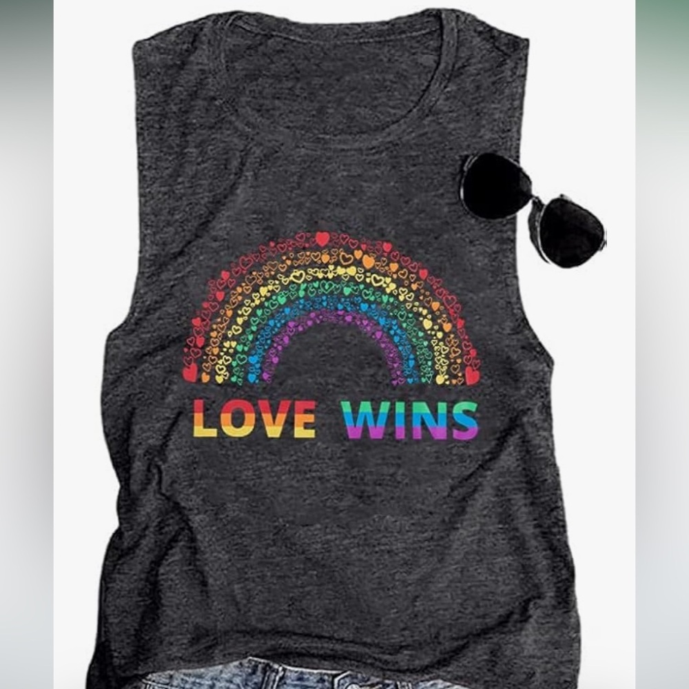 Love Wins tank top sz small navy blue with rainbow graphic
